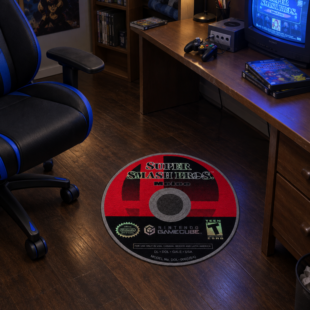 Smash Bros rug in a low-key gaming room, staged at approximately 1.5 ft diameter