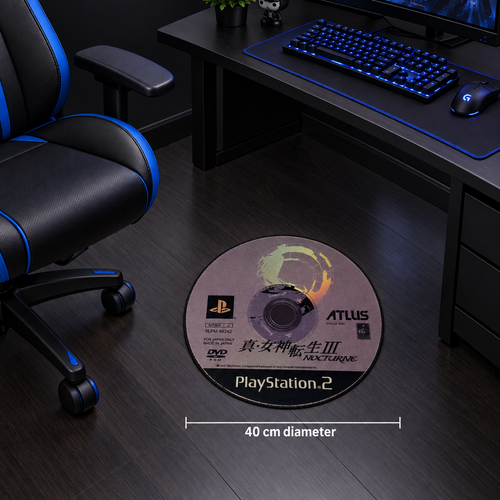 Round Nocturne-inspired rug shown beside a gaming chair with 40 cm diameter guide