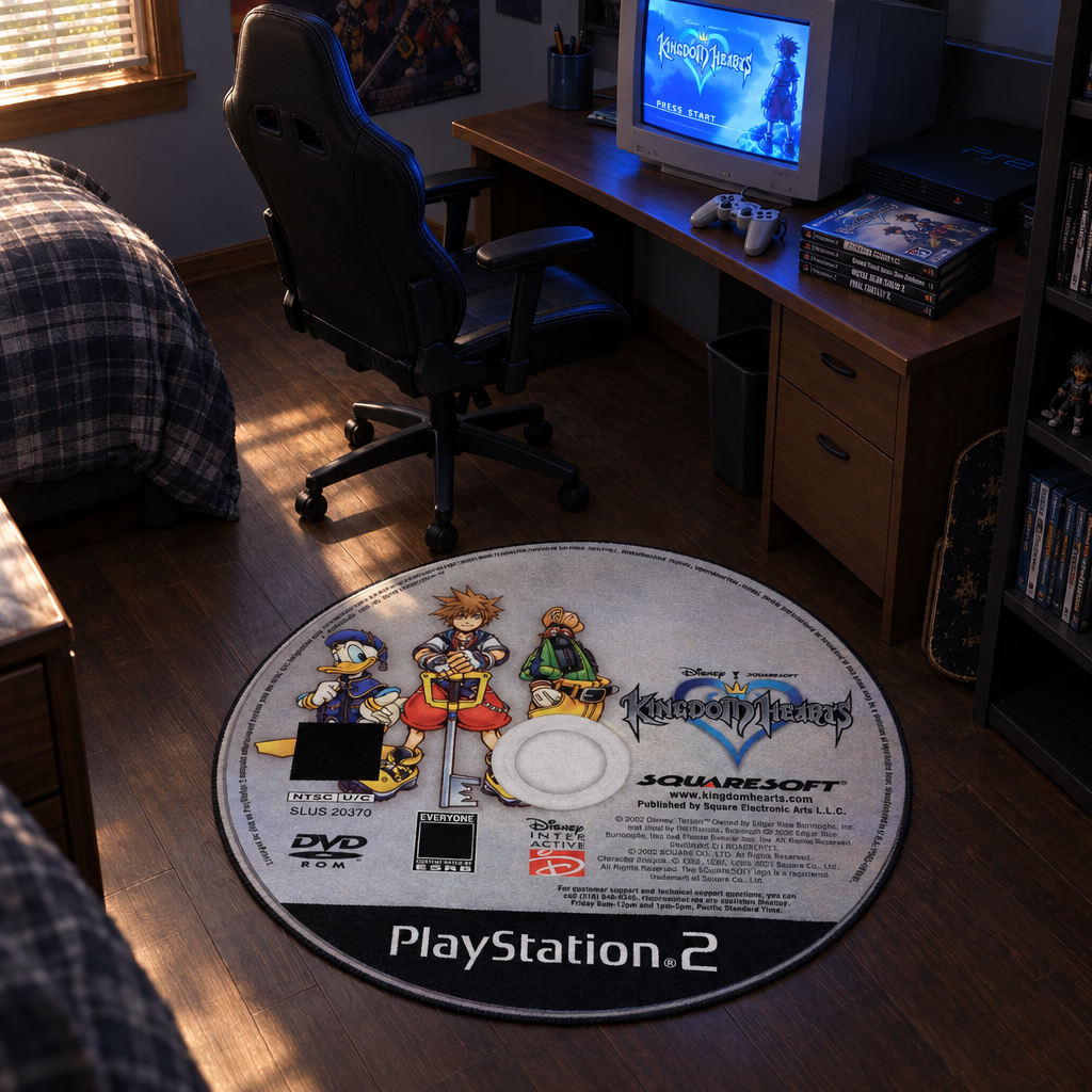 Kingdom Hearts rug in a low-key gaming bedroom, staged at approximately 3 ft across