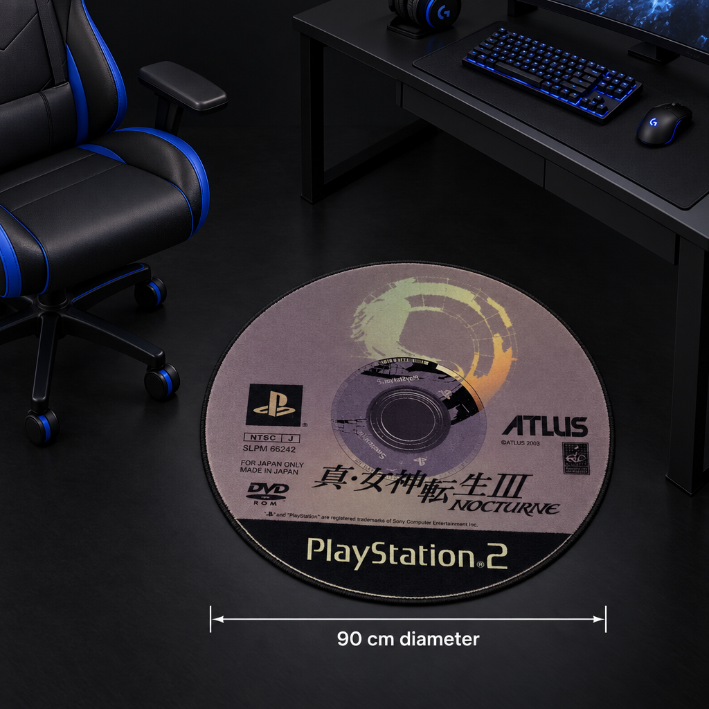 Round Nocturne-inspired rug shown beside a gaming chair with 90 cm diameter guide