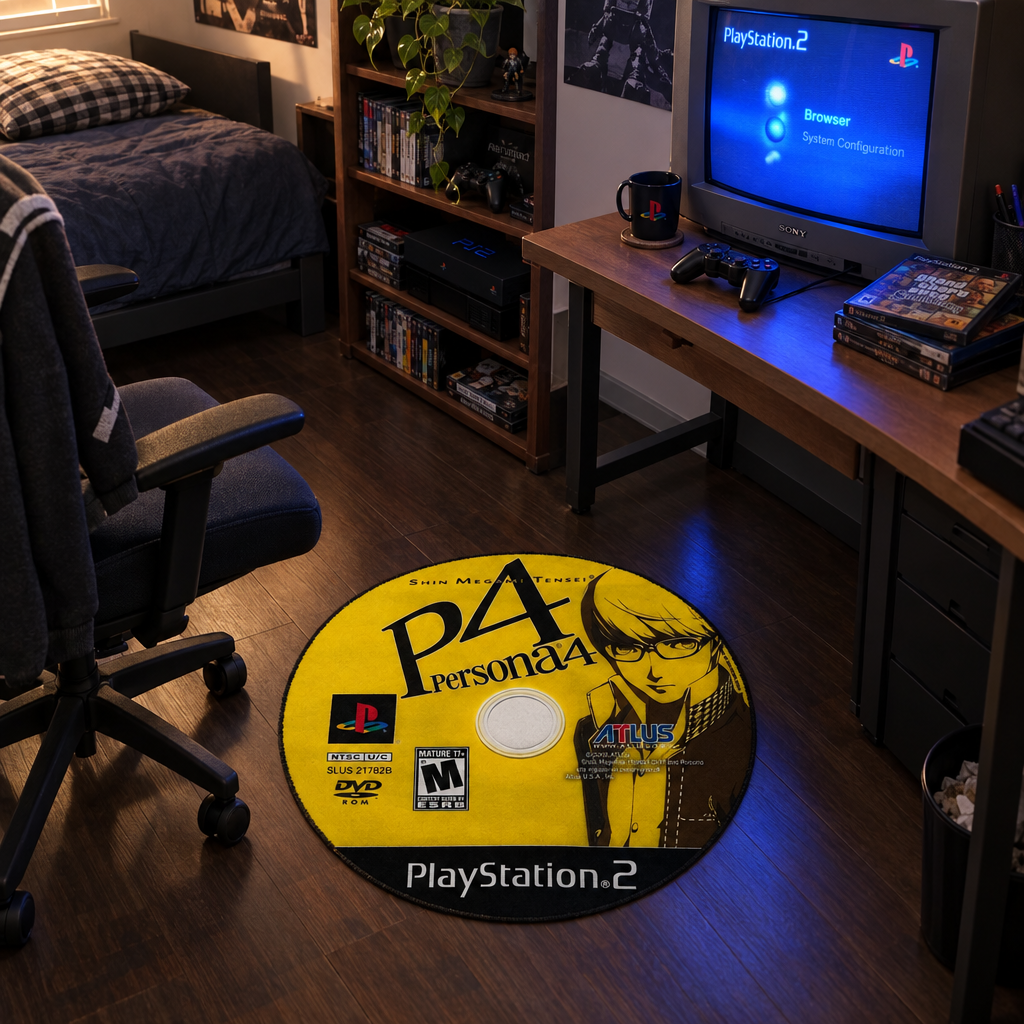 Round Persona 4 rug beside a chair in a low-key gaming room, approximately 80 cm diameter