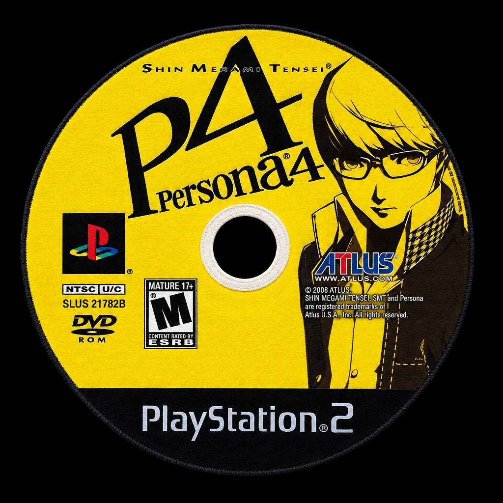 Round yellow Persona 4 disc-inspired rug centered on a solid black background