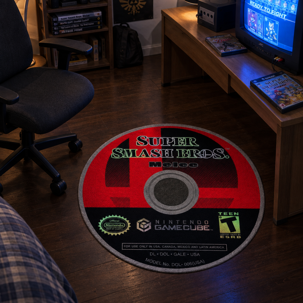 Smash Bros rug in a low-key gaming room, staged at approximately 3 ft diameter