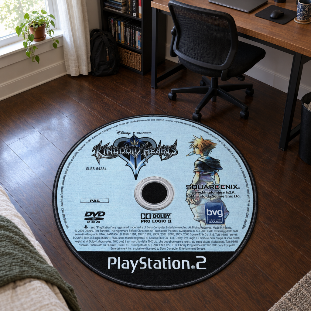 Kingdom Hearts 2 rug in a low-key room